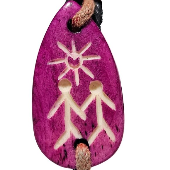 Handmade Adjustable Leather Bracelet Purple Tribal Carved Pendant Natural Cord - Picture 2 of 4